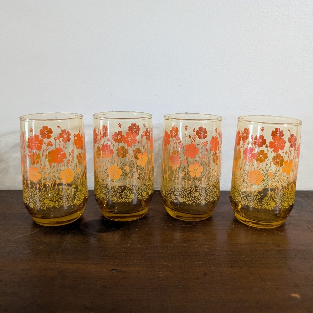 Vintage Libbey " Meadow Tawny " Floral Glasses Country Garden Juice Glass Cups